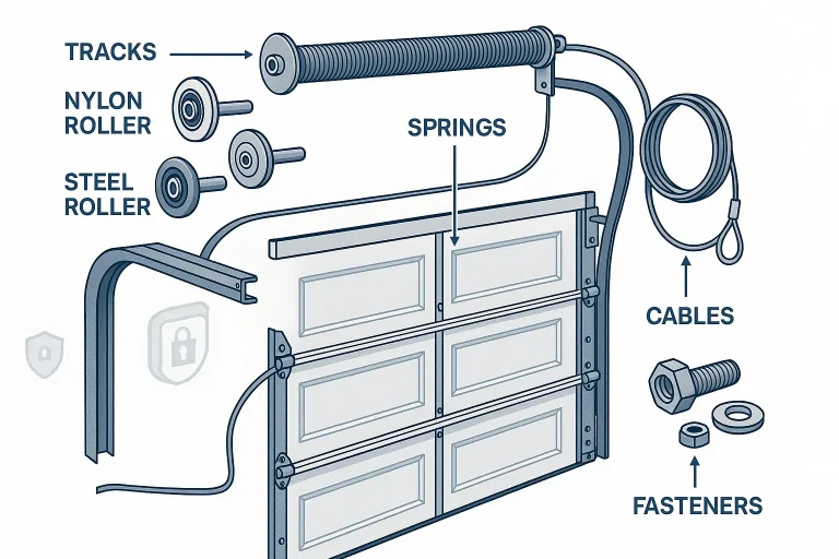 Comprehensive anatomy of a secure garage door system showing key components and how they interrelate to maintain safety and security.