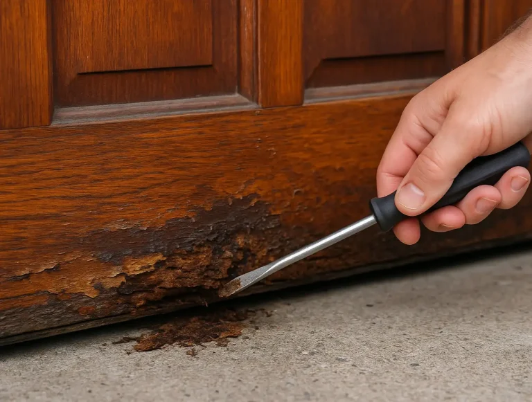 water damage wooden garage door photo