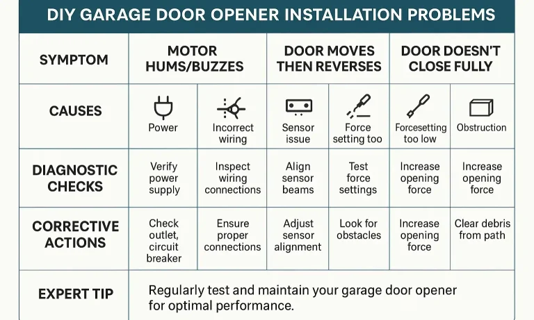 Diagnostic chart of opener issues with symptom, signs, likely cause, and what to check first.