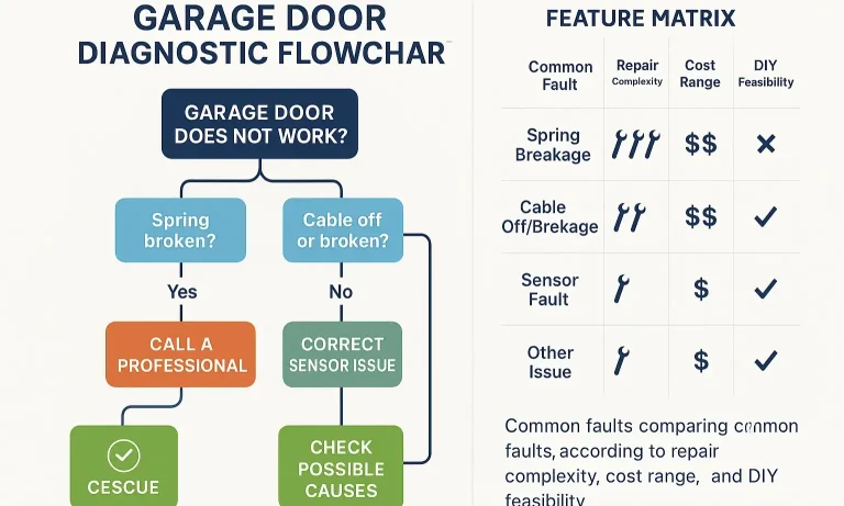 Diagnostic flowchart and repair complexity matrix helping homeowners identify problems and compare repair options for confident decision-making.