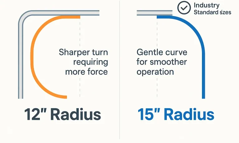 Diagram comparing 12″ vs 15″ garage door track radius curves