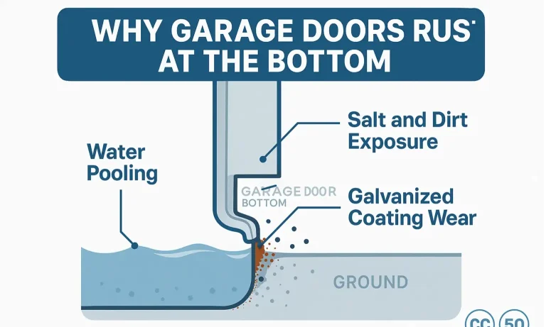 Diagram explains why rust forms at the bottom of garage doors, highlighting water exposure and coating damage for effective prevention.
