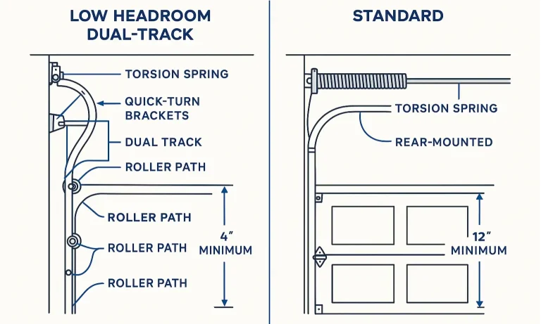 Diagram of dual-track system for low headroom garage doors