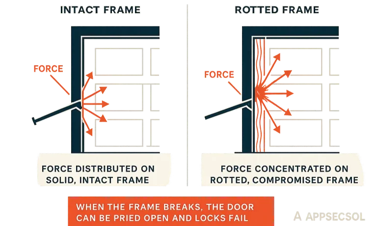Diagram showing a crowbar on solid vs. rotted frames, highlighting distributed force versus splintering failure.