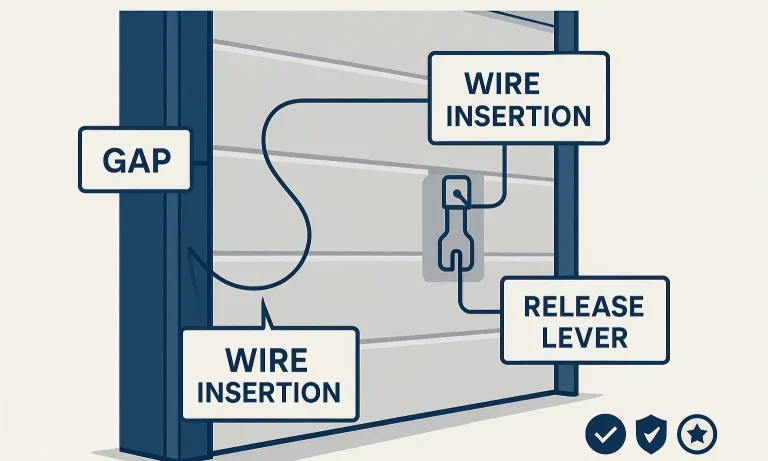 Diagram showing how burglars exploit garage door side gaps to trigger the emergency release.