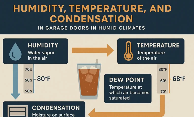 Diagram showing insulated vs uninsulated garage door condensation effects