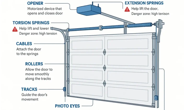 Diagram shows garage door parts and highlights which are safe for DIY and which need a professional.