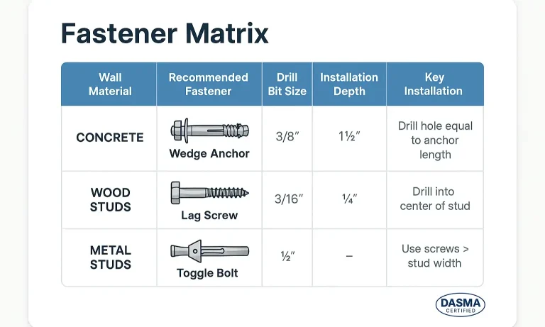 Fastener Matrix chart for garage door track installation