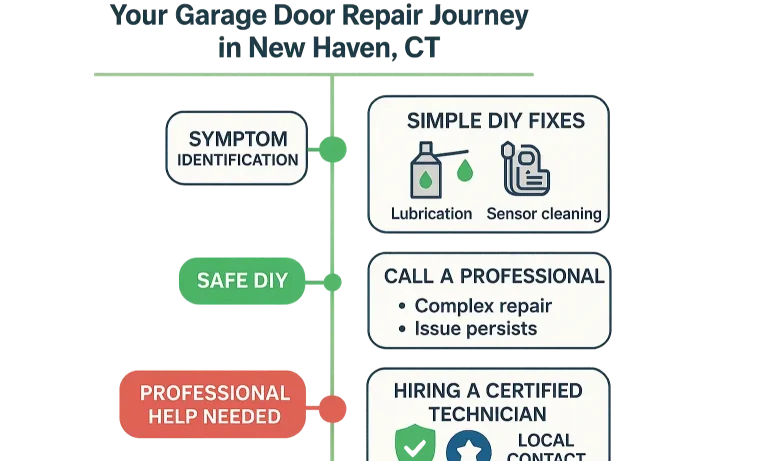 Flowchart guiding garage door repair decisions from problem identification to DIY fixes or professional service.
