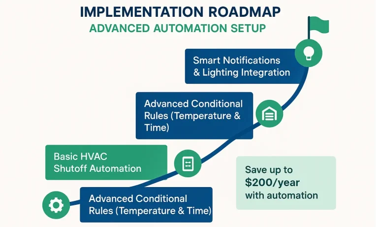 Flowchart showing progression from simple “if open, then off” rules to advanced automations with timers, temperature, lighting, and alerts.