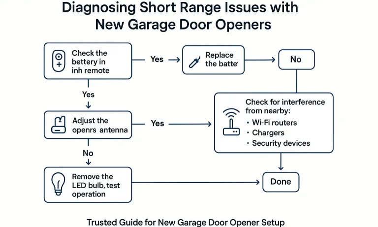 Flowchart to troubleshoot garage door opener remote range