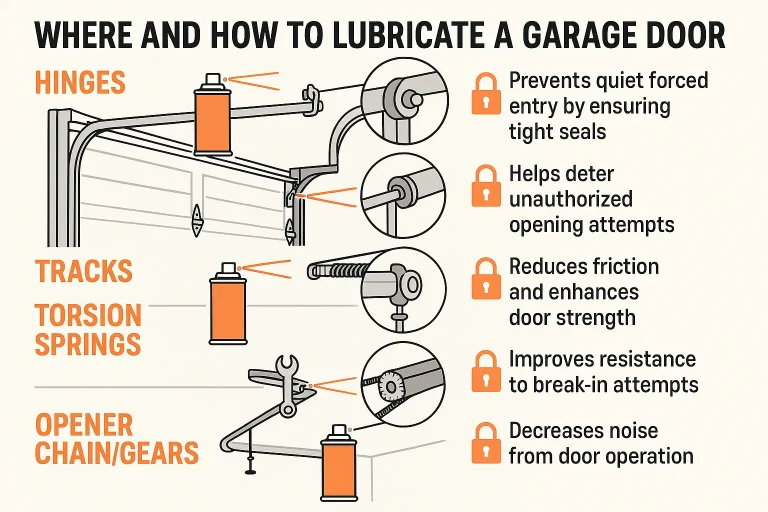 Follow this visual checklist to lubricate your garage door effectively, enhancing security by preventing forced entry vulnerabilities.