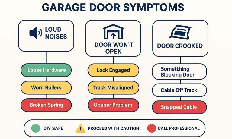 Garage Door Symptom Checker: Quickly identify common problems and know when to DIY or call a professional to ensure safety and prevent costly damage.