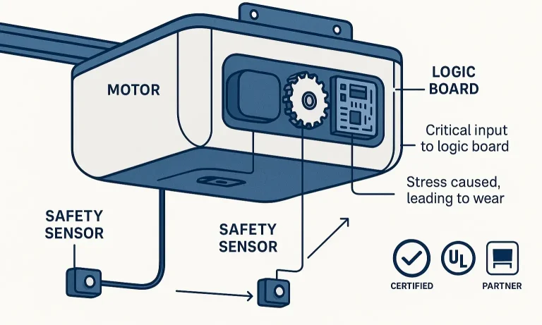 Garage opener parts protected by safety sensor systems