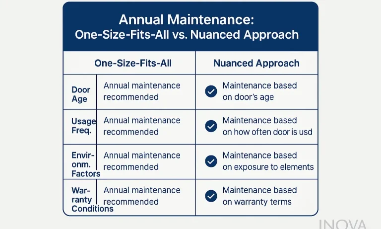 Graphic comparing annual maintenance for heavy-use doors vs. factor-based care for new or low-use doors.