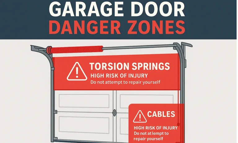 Graphic of a garage door highlighting danger zones at the torsion springs, extension springs, and cables, with a warning icon.