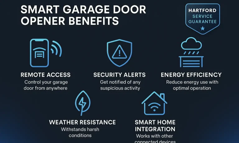 Graphic showing smart garage opener benefits: phone control, secure delivery access, and instant alerts for a Hartford home.
