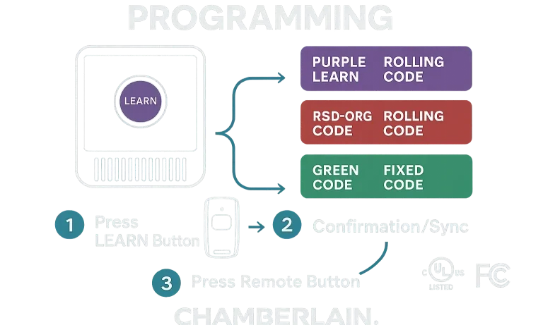 Guide showing the “Learn” button on opener and remote, with color labels (purple, red/orange, green, yellow) and meanings.
