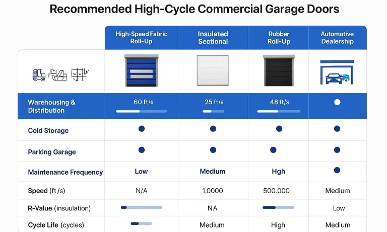 High-cycle garage door types for warehouses and industrial use