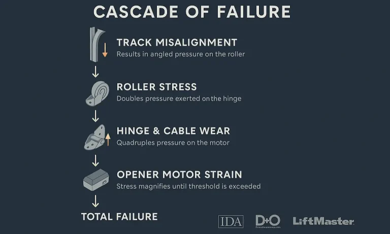 Infographic explains how minor track misalignment causes costly damage and why proactive maintenance matters.