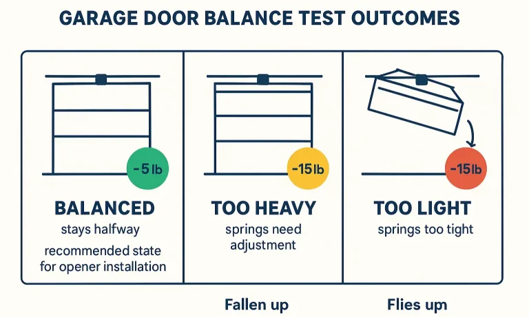 Infographic showing three balance test results: stays level, falls closed, or shoots upward.