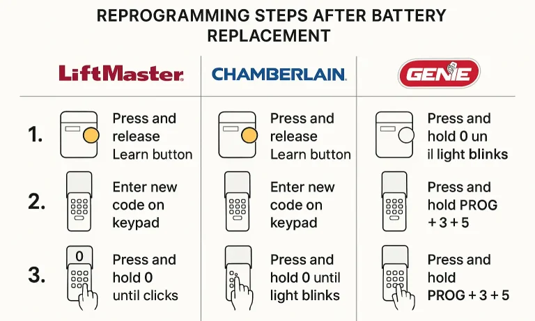 LiftMaster, Chamberlain, and Genie keypad programming steps