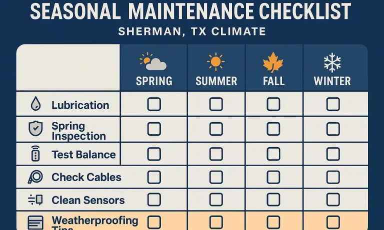 Maintain your garage door year-round with this North Texas-specific seasonal checklist to extend its lifespan and reduce repair costs.