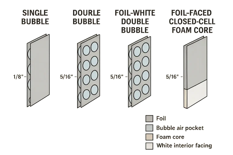 Material Cross-Sections of Reflective Foil Insulation Types for Garage Doors: Bubble layers trap air for insulation, foil reflects radiant heat; foam cores add durability and sound control.