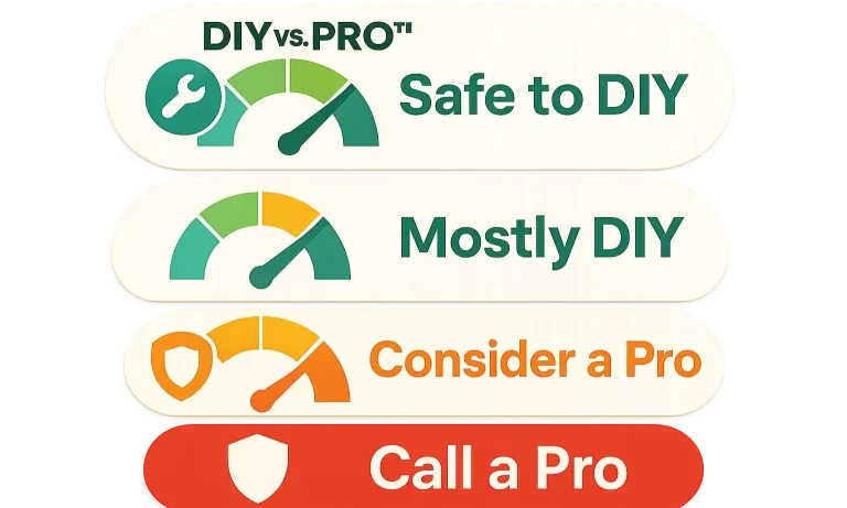 Our DIY vs. PRO safety ratings show which garage door fixes you can handle and when to call expert technicians.