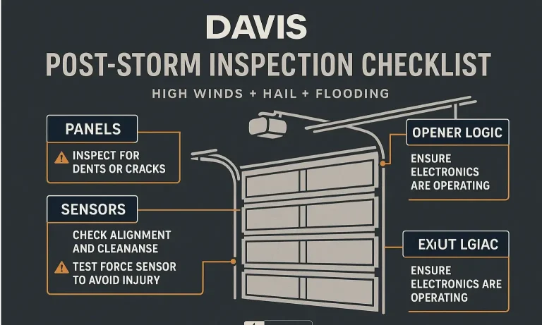 Post-storm inspection checklist highlighting key garage door areas vulnerable to weather damage.