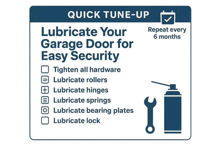 Quick and easy maintenance checklist to keep your garage door secure and smoothly operating — revisit every 6 months.