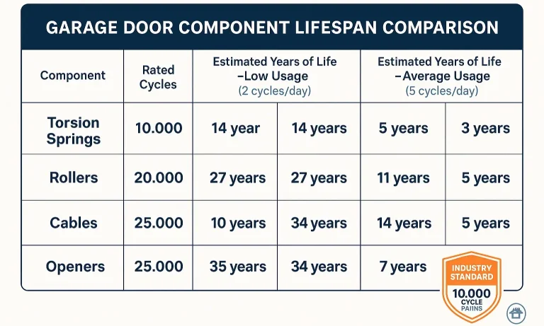 Quickly compare key garage door components’ lifespan across usage levels to tailor your maintenance schedule effectively.