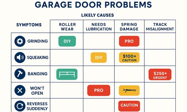 Quickly identify your garage door problem and understand which issues can be safely maintained yourself and which require professional repair.