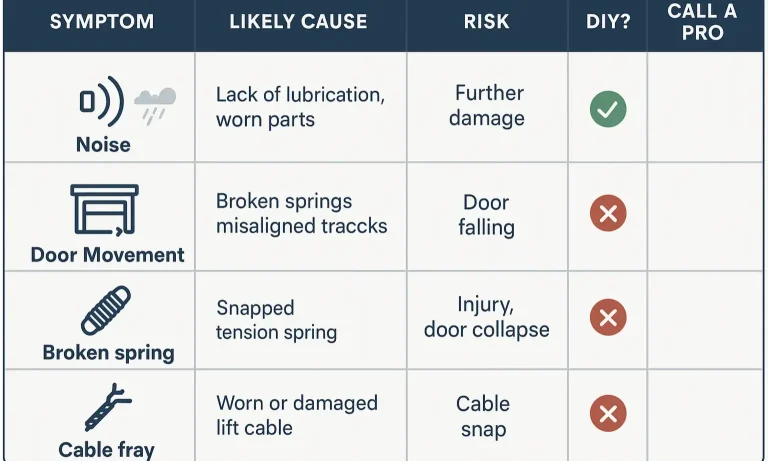 Quickly spot garage door symptoms and know which fixes are DIY-safe and which need a professional technician.