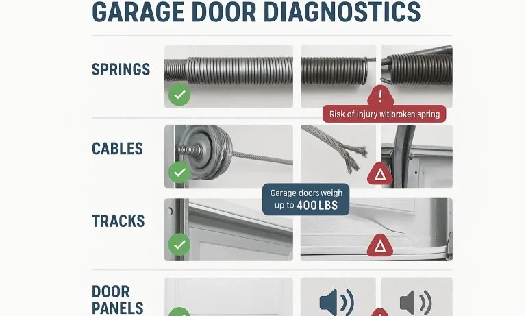 Safety checklist contrasting safe vs. hazardous door conditions, guiding when to avoid use and call a pro.