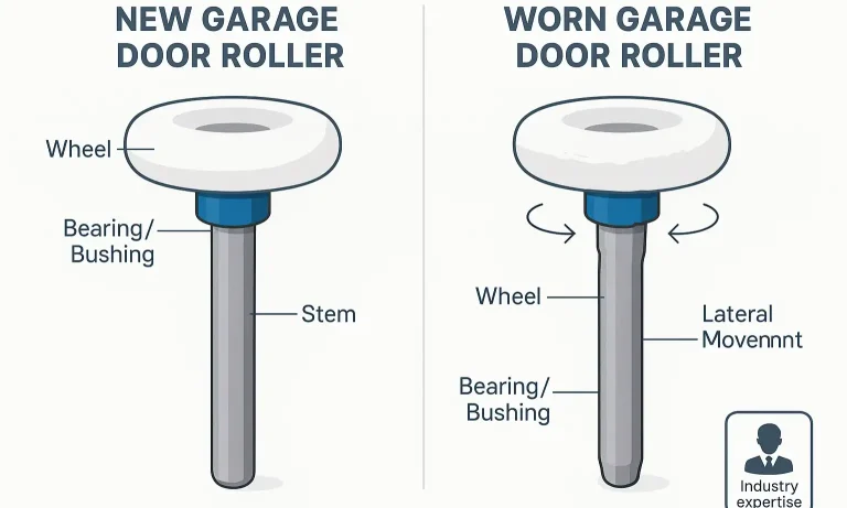 See how roller wear causes noisy operation and garage door misalignment.