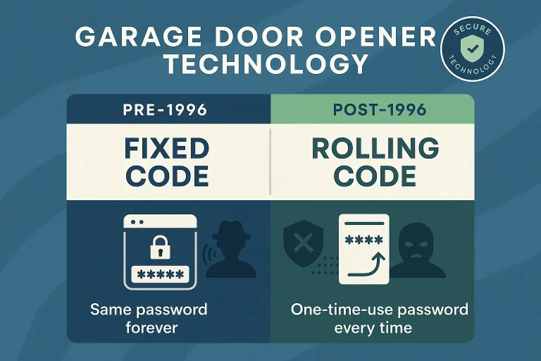 Side-by-side comparison highlighting how to visually identify fixed-code garage door opener remotes by their distinctive DIP switches versus secure rolling-code technology.