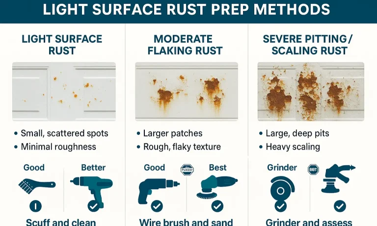 Side-by-side guide helps identify garage door rust severity and choose the right paint prep.