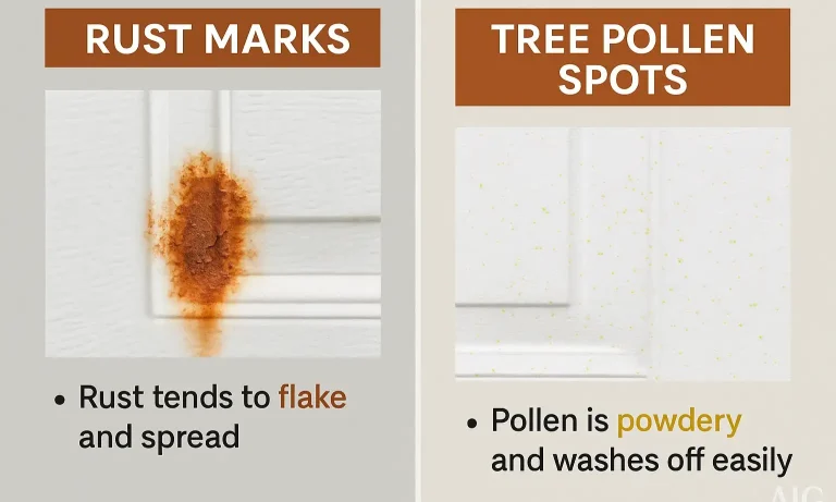 Side-by-side guide to quickly tell rust from pollen on garage doors and avoid unnecessary repairs.
