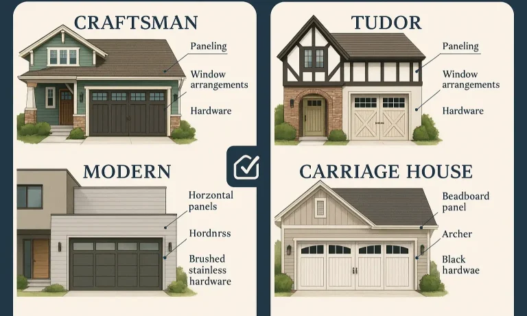 Side-hinged garage door styles matched to home architecture