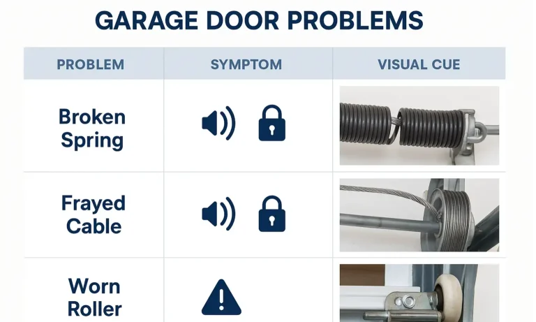 Simple chart separates DIY-safe garage door tasks from repairs that require a professional.