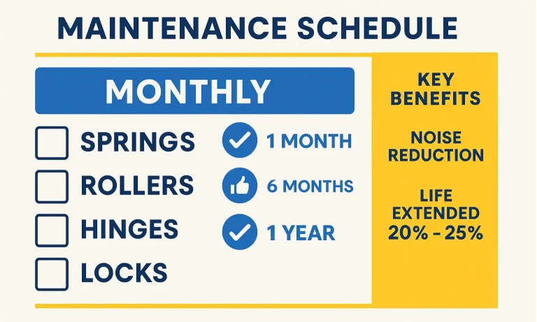 Simplify your maintenance routine with this visual schedule that ensures timely lubrication, boosting garage door performance and extending component life with ease.