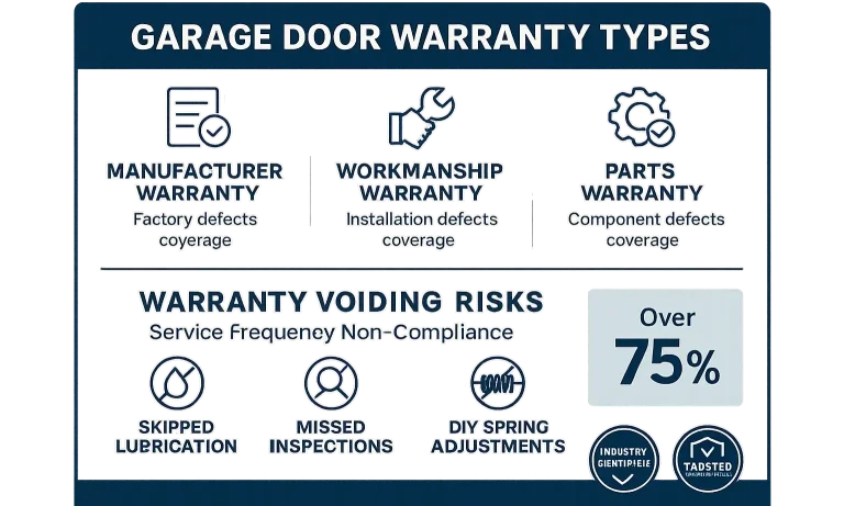 Split image contrasting a new warrantied garage door with a rusty, neglected track, highlighting proper care vs. voided warranty.