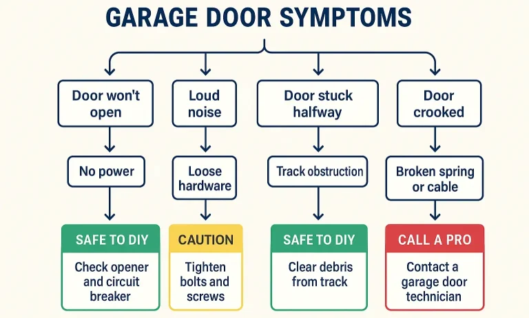 Step-by-step garage door symptom flowchart to guide safe DIY fixes or calling a trusted technician.