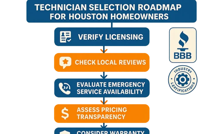 Step-by-step infographic on choosing a garage door technician: check reviews, verify insurance, compare quotes, and ask about warranties.