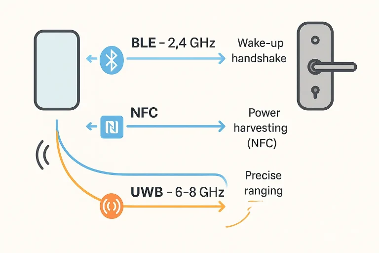 Stepwise visual of the secure cryptographic handshake enabling your phone to unlock a smart lock within 0.2 seconds, detailing key exchanges and authentication phases.