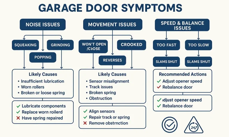 Symptom-based diagnostic guide flowchart helping users identify issues accurately while reinforcing when to seek professional repair.