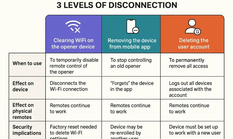 Table comparing smart garage opener disconnection levels