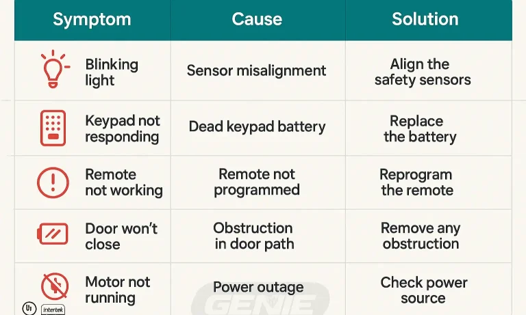 Table for troubleshooting common Genie keypad issues