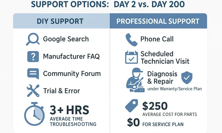 This diagram builds trust by revealing the structured, expert-driven support system professionals provide, highlighting how homeowners gain proactive care and guaranteed assistance beyond installation.